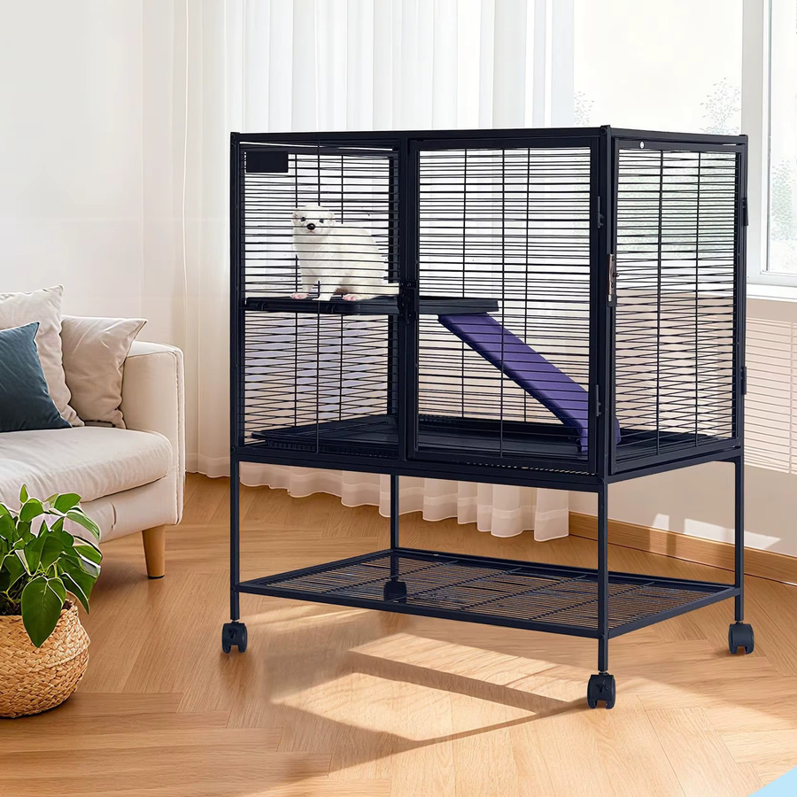 HiMISS Metallkäfig für Kleintiere in Schwarz mit Rollen, mehrstöckiger Lebensraum mit Fleece-Rampen, Hängematte und herausnehmbaren Schubladen sowie sicheren Doppelverschluss-Türen - Bild 1