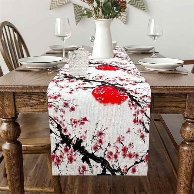 VIKAMA Japanischer Tischläufer mit Tuschemuster, Pflaumenblüten und roter Sonne, wasserabweisendes Polyester in Rot und Mehrfarbig, B/H: 90 x 33 cm - Bild 1