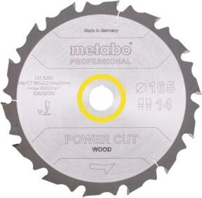 Metabo Kreissägeblatt Power Cut Wood Professional für Holz und Metall, Farbe: Silber, Durchmesser: 165 mm, Breite: 2,0 mm, Bohrung: 20 mm, Zähnezahl: 14, Carbide Tipped - Bild 1