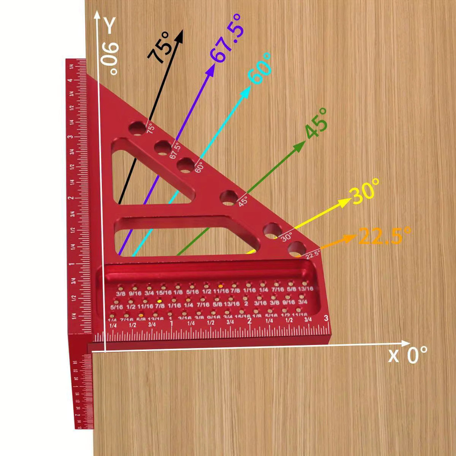 JIGHOLE Quadratischer Winkelmesser aus Aluminiumlegierung in Rot für die Holzbearbeitung mit Passstiften und Gehrung Dreieckslineal - Bild 4