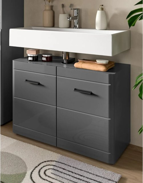 Inn.Furn Waschbeckenunterschrank Grau Hochglanz mit Soft-Close und Regalfächern, Breite: 80 cm - Bild 1