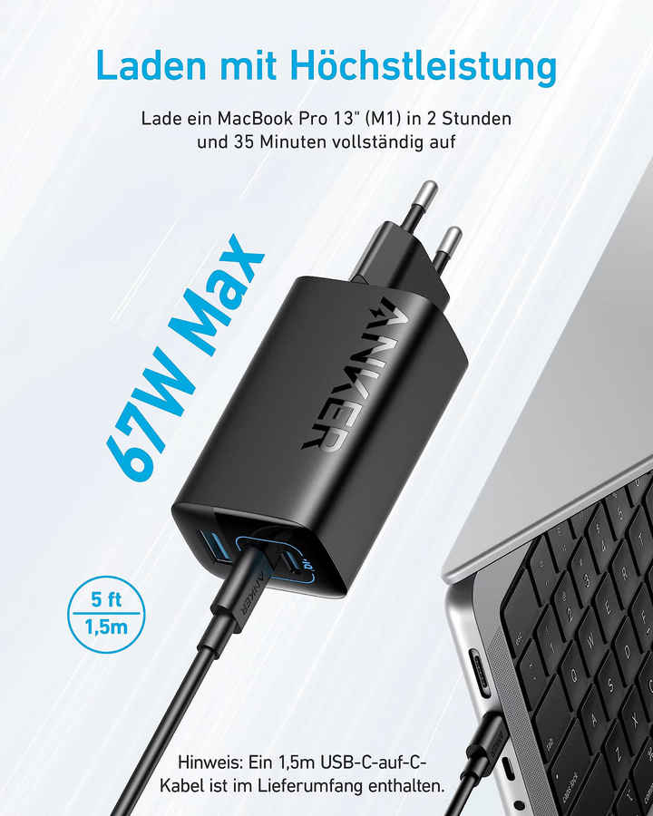Anker 335 USB-C Netzteil 67W Schnellladegerät mit 3 Ports in Schwarz - Bild 2