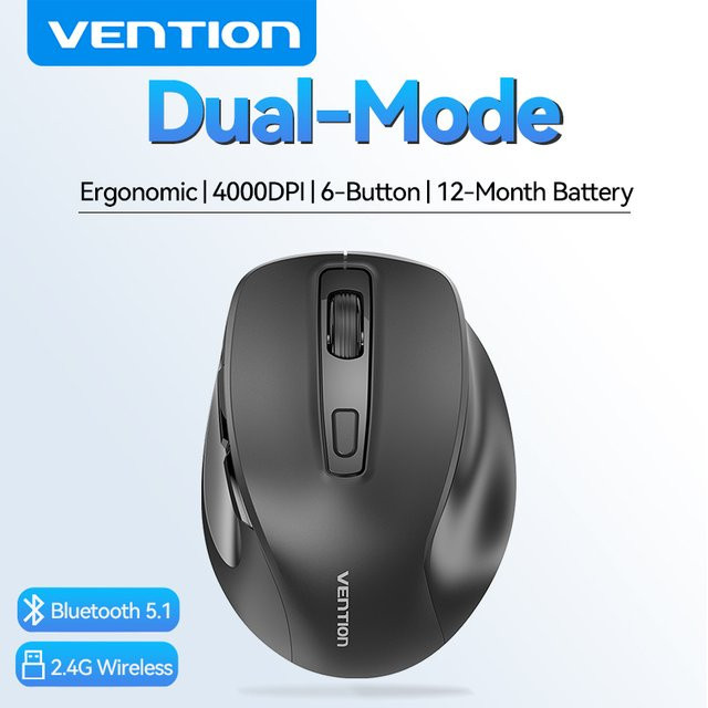 Vention Ergonomische kabellose Maus mit Bluetooth 5.1 und USB 2,4 G Dual-Mode, 4000 DPI, 6 Tasten, Schwarz - Bild 1