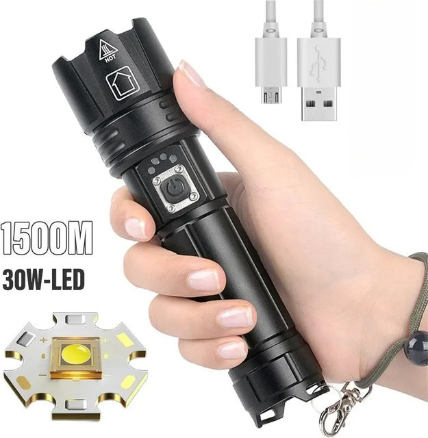 ESMARTER Taktische LED-Taschenlampe in Schwarz, wiederaufladbar via USB mit 30 W Leistung und 1500 Meter Reichweite - Bild 1