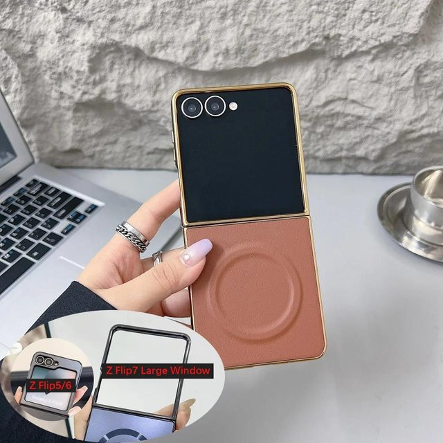 Luxus Business Magnetische Leder Handyhülle für Samsung Galaxy Z Flip 7 6 5 4 3 in Blau mit verchromtem Rahmen und Stoßfestem Schutz - Bild 1