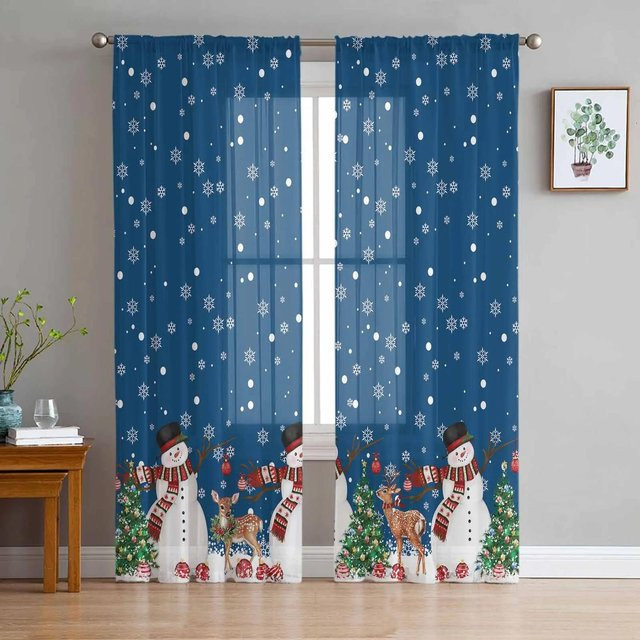 Transparente Tüll-Vorhänge mit Hirsch- und Sternenmotiv für Weihnachten und Winter, Farbe: Blau, B: 135 cm, H: 115 cm - Bild 1