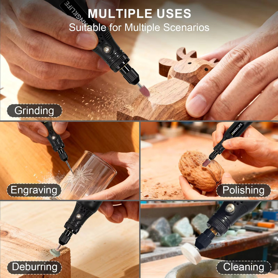 JANGKLIFE USB Kabelloses Rotationswerkzeug-Set in Schwarz mit Akku für Gravur und DIY an Holz, Metall und Glas - Bild 6