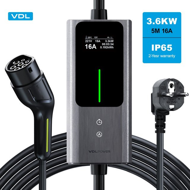 VDL Elektroauto Ladegerät Typ 2 mit 3,6 kW Leistung, einstellbare Stromstärke 6/8/10/13/16 A, 5 m Ladekabel mit EU-Schuko-Stecker, IP65 Ladestation für Einphasenstrom, grau - Bild 1