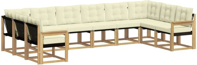 vidaXL Outdoor-Sofagarnitur in U-Form aus Akazienholz mit Textilene und Kissen in Weiß und Beige - Bild 1
