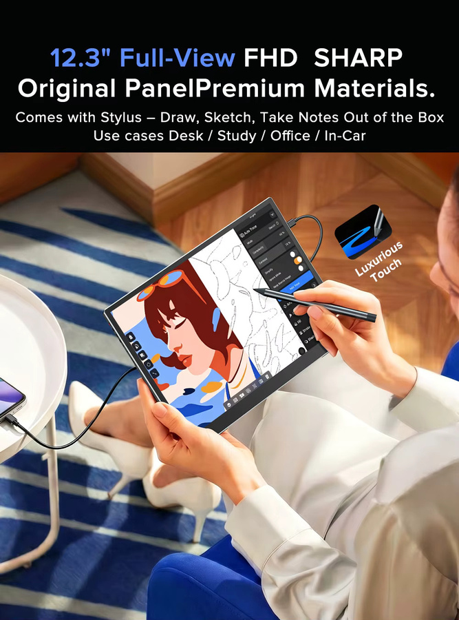 UPERFECT 12,3-Zoll Zeichenbrett mit Stylus, tragbarer IPS Touchscreen-Reisemonitor in Schwarz mit 1280P Auflösung - Bild 4