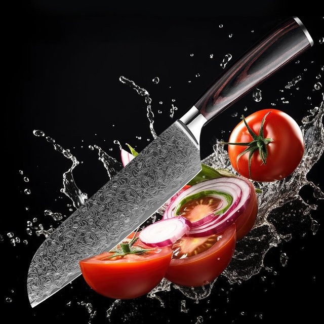 Xituo Santoku-Messer aus Edelstahl mit 7 Zoll Klingenlänge und Laser-Damaszener-Muster sowie farbigem Holzgriff - Bild 1