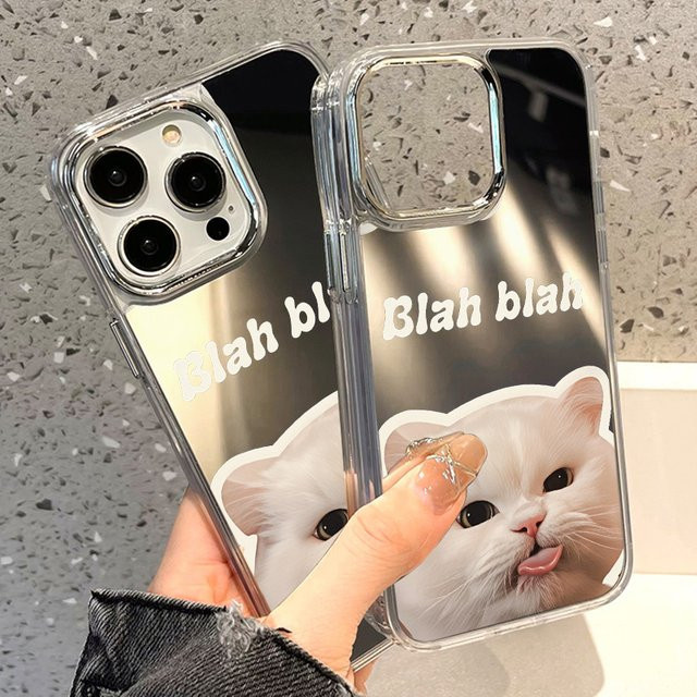 Apple iPhone Schutzhülle mit Make-up Spiegel und weißem Katzen-Design - Bild 1