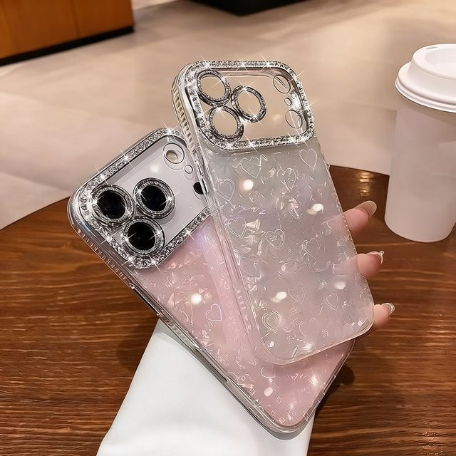 Caynes Holografische Herz-Silikon-Handyhülle für iPhone in Pink mit funkelndem Strass-Kamerarahmen - Bild 1