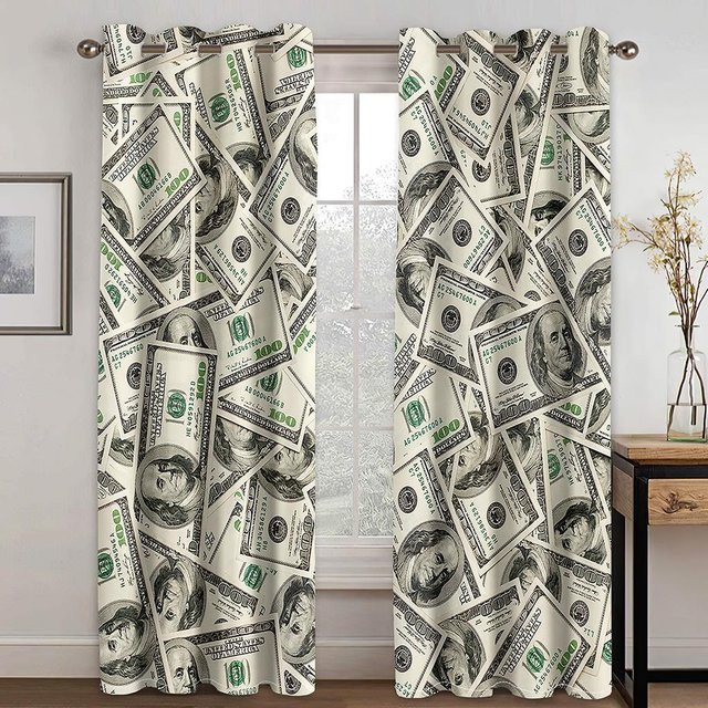 Yiran Furniture Vorhänge mit US-Dollar Goldmünzen Motiv, 2er Set, Farbe Gold/Weiß, semi-transparent, Breite: 100 cm, Höhe: 130 cm - Bild 1