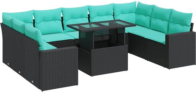 vidaXL Garten-Sofagarnitur aus Poly Rattan mit Kissen, 10-teiliges Set, Schwarz - Bild 1