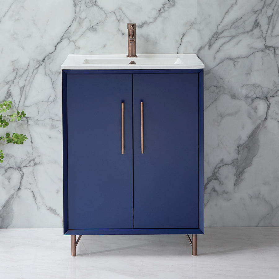 Waschtischunterschrank mit Waschbecken HudsonReed Edge in Dunkelblau Matt mit Soft-Close-Türen und Griffen in gebürsteter Bronze, Breite: 61 cm - Bild 1