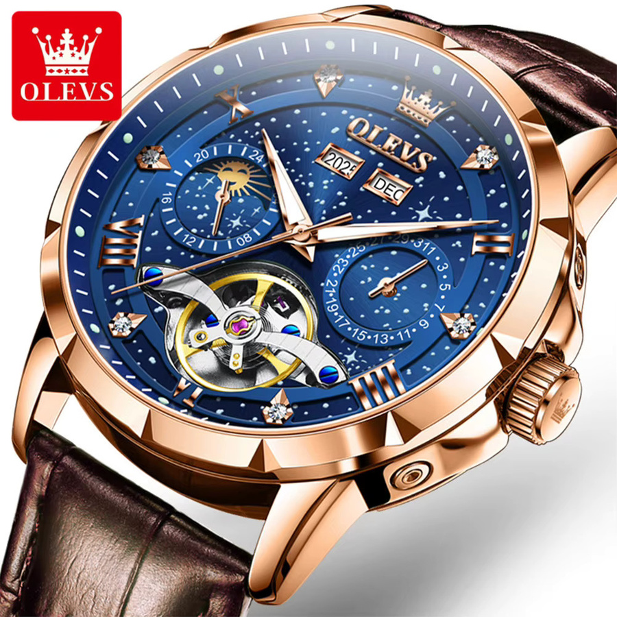 OLEVS Armbanduhr, mechanisch, Schwarz, Bicolor, Edelstahl, Leder, Herren - Bild 2