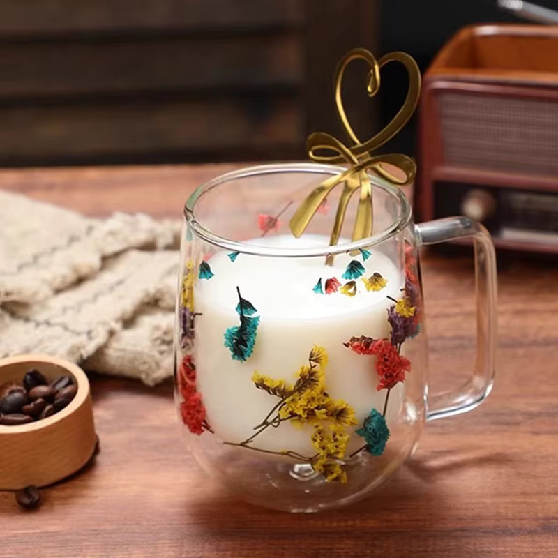 YWDL Doppelwandige Glastasse mit Griff, transparent, floral, 180 ml - Bild 2