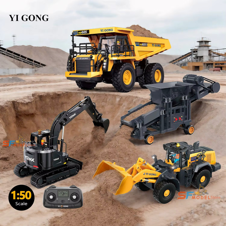 AT 99 MODEL RC Baufahrzeug Set im Maßstab 1:50, Gelb, Elektrisches Spielzeug Set mit Lader, Muldenkipper, Bagger, Sandsiebmaschine und Straßenwalze - Bild 2