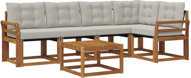 vidaXL Outdoor-Sofagarnitur 6-teilig aus Akazienholz und Textilene in L-Form mit Kissen, Beige und Grau - Bild 1
