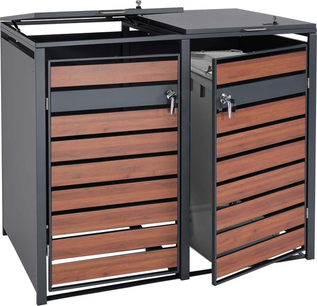 MCW 2er Mülltonnenverkleidung J81 Mülltonnenbox aus Metall in Anthrazit mit Kirsche-Holzoptik Dunkelbraun, B/T/H: 117 x 132 x 80 cm - Bild 1