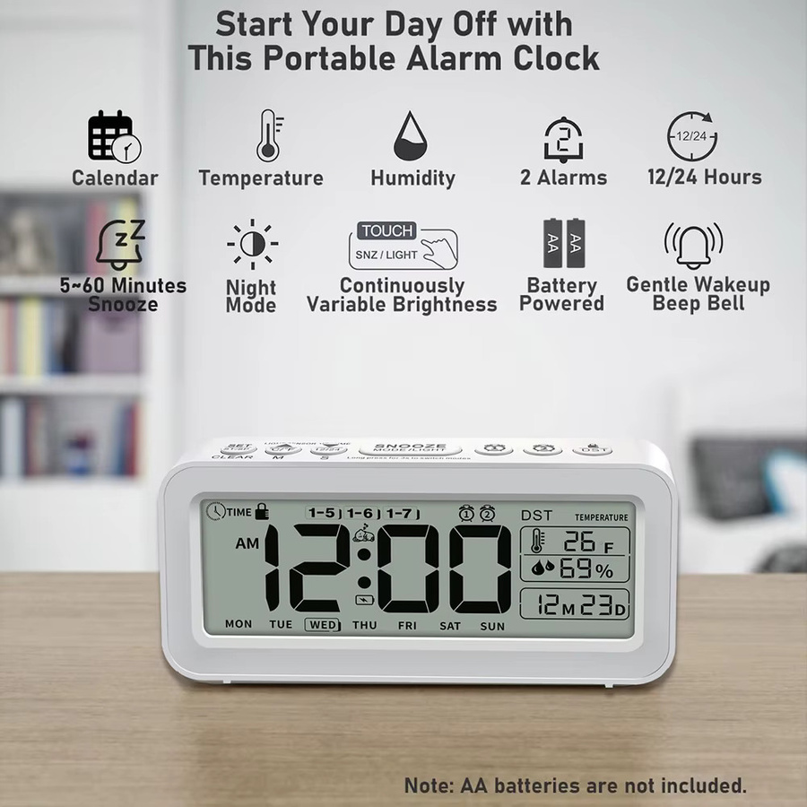 Niditon Digitaler Wecker in Schwarz mit Temperatur-, Luftfeuchtigkeitsanzeige und Countdown sowie LCD-Kalender und Wochentagsanzeige - Bild 2