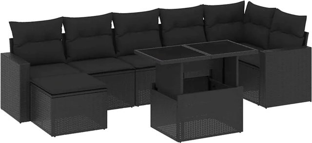 vidaXL 8-tlg Garten-Sofagarnitur in L-Form aus schwarzem PE-Rattan mit Kissen und pulverbeschichtetem Stahlgestell - Bild 1