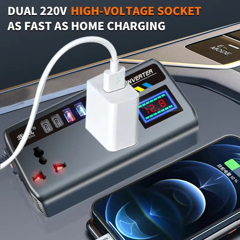 KEBETEME Tragbarer Auto-Wechselrichter 12 V/24 V auf 220 V mit 3 USB-Anschlüssen für Auto, LKW, SUV und Wohnmobil - Bild 4