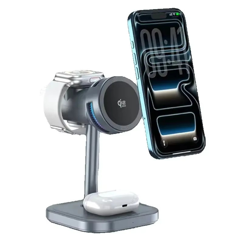 XIKCU Magnetisches Qi2 25W Kabelloses Ladegerät mit LED-Licht und Luftkühlung für iPhone, Apple Watch und AirPods Pro in Grau - Bild 6