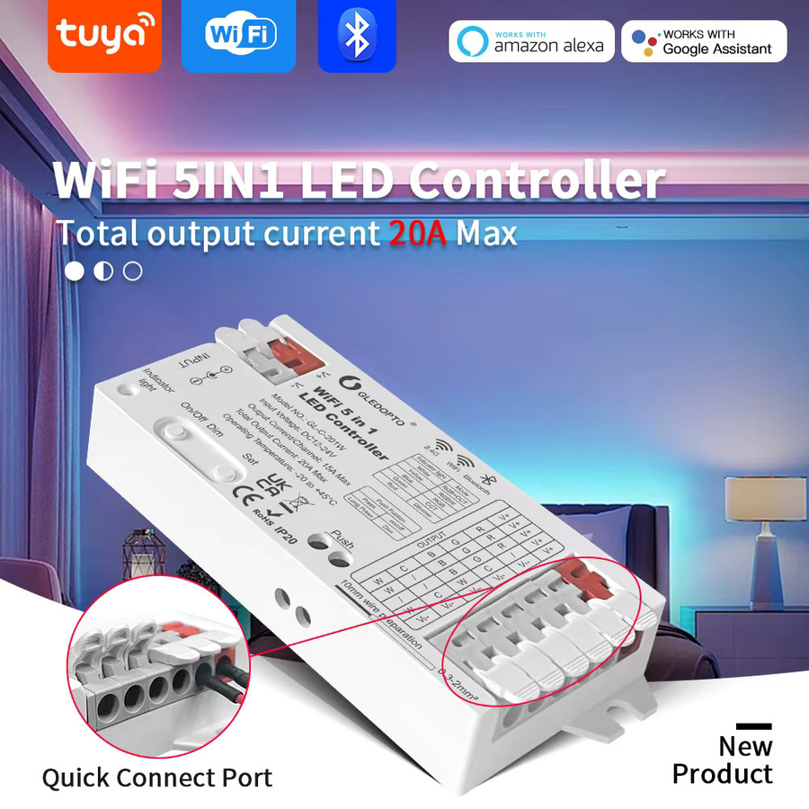 5Matter WLED WiFi 5in1 LED Controller für Tuya Smart, Alexa und Google Home, RGBW CCT Dimmer für DC12V-24V LED Streifen, Weiß - Bild 2