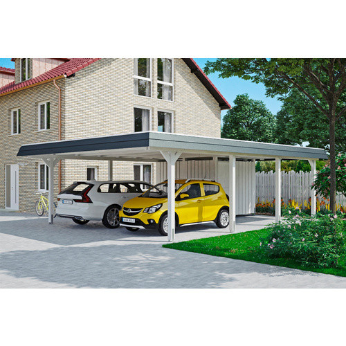 Skan Holz Doppelcarport Wendland Weiß mit Anbau und EPDM-Dach, B/T: 630 x 879 cm, Blende Schwarz - Bild 2