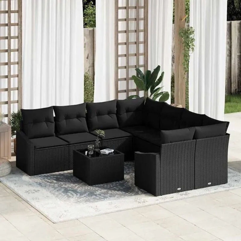 Vidaxl Garten-Sofaset aus 9 Teilen in Schwarz mit Rattan und Polyesterkissen - Bild 1