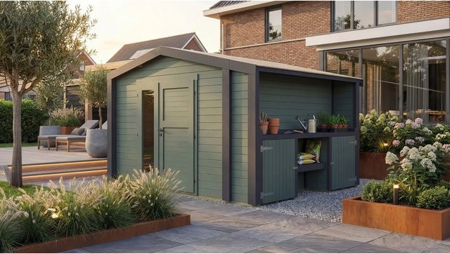 Weka Holz-Gartenhaus Killarney mit Satteldach in Grau-Grün lasiert, B/T: 361 x 313 cm - Bild 1