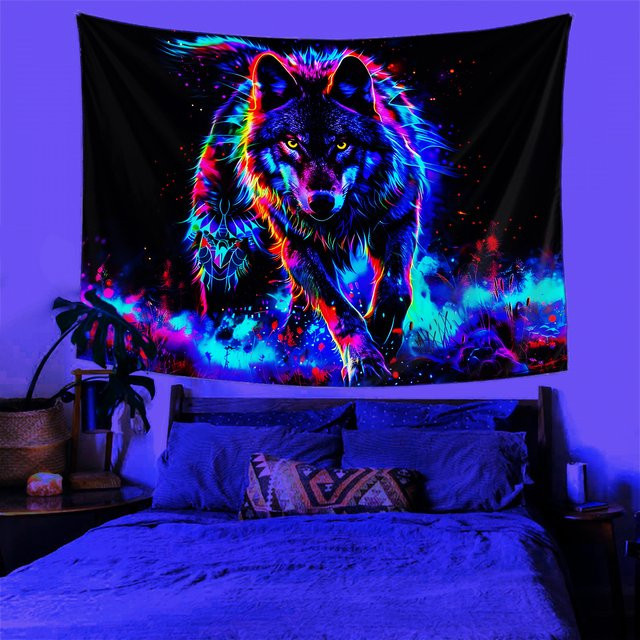 VIKAMA Neon Wolf Totem Wandteppich, Mehrfarbig, B/H: 60 x 40 cm - Bild 1