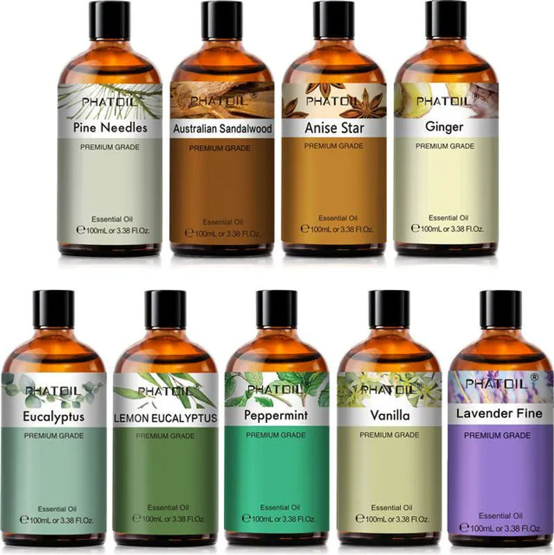 PHATOIL Aromatherapie Ätherische Öle Set, 100 ml pro Flasche, Sortiment aus Zitrone, Eukalyptus, Kiefer, Lavendel und Sandelholz, transparentes Glas - Bild 1