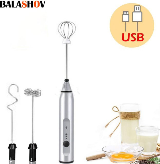 Elektrischer USB-Milchaufschäumer von BALASHOV in Silber aus Edelstahl, wiederaufladbarer Handmixer für Kaffee, Cappuccino und Sahne - Bild 1