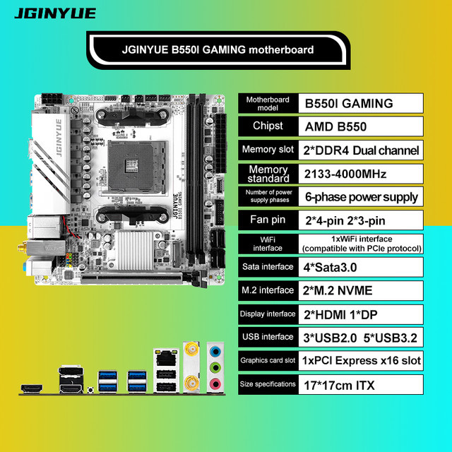 JGINYUE B550i GAMING Mini ITX Motherboard AM4 für AMD Ryzen R5 4000/5000 Serie, DDR4, PCI-E 4.0 - Bild 1