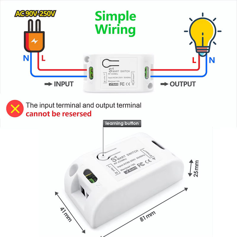AXUS Drahtloser RF 433MHz Wandschalter mit Relais-Empfänger, runder Lichtschalter für LED Lampen, Weiß - Bild 4
