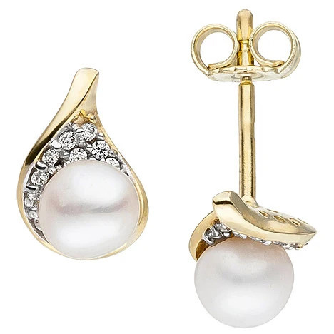 Colfem Ohrstecker 375 Gelbgold, Süßwasser Perlen, Zirkonia, Damen - Bild 1