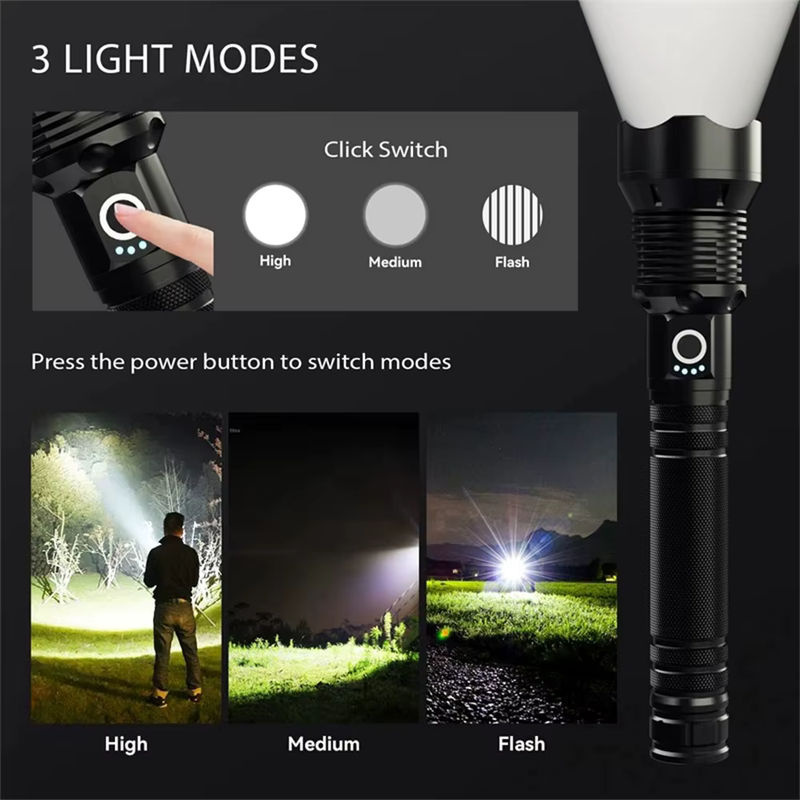 KENSUN Taktische LED-Taschenlampe in Schwarz, USB wiederaufladbare Outdoor-Handlampe mit Zoom für Camping und Angeln - Bild 2
