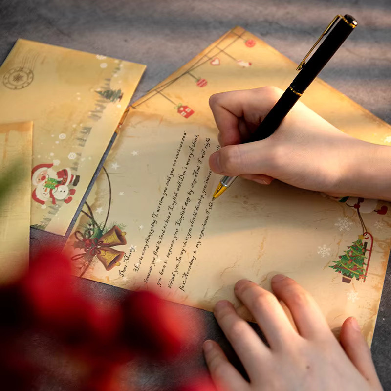 WEIGAO Vintage Weihnachten Kraftpapier Briefpapier Set mit Umschlägen in Braun, 6 Stück für DIY Einladungen und Grußkarten mit Santa Claus und Schneemann Motiven - Bild 3