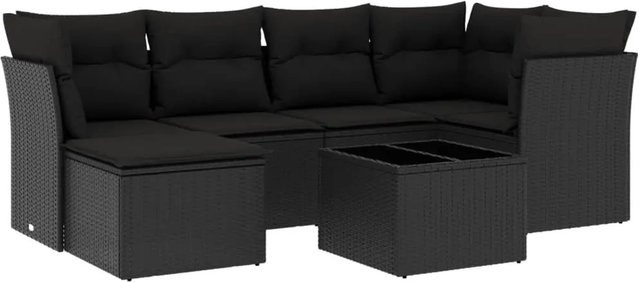 vidaXL 7-tlg Garten-Sofagarnitur aus Poly Rattan mit Kissen in Schwarz - Bild 1