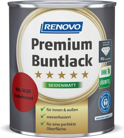RENOVO Premium Buntlack für Holz, seidenmatt, Verkehrsrot RAL 3020, wasserbasiert, 0,75 l - Bild 1