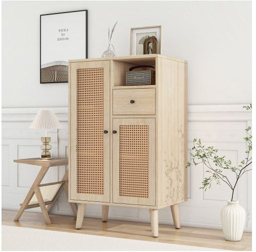 MUVOE Sideboard aus Massivholz mit 2 Rattantüren und 1 Schublade in Beige, H x B x T: 101 x 60 x 40 cm - Bild 1