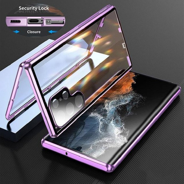 Doppelseitige Snap-Lock Handyhülle mit 360 Metallrahmen und Glas-Linsenschutz für Samsung Galaxy S21 bis S26 Ultra Plus, Transparent/Lila - Bild 1