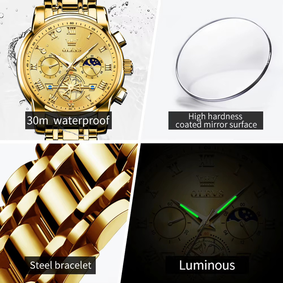 Olevs Armbanduhr Herren, Quarz, Edelstahl, Gold, Blau, Rund - Bild 6