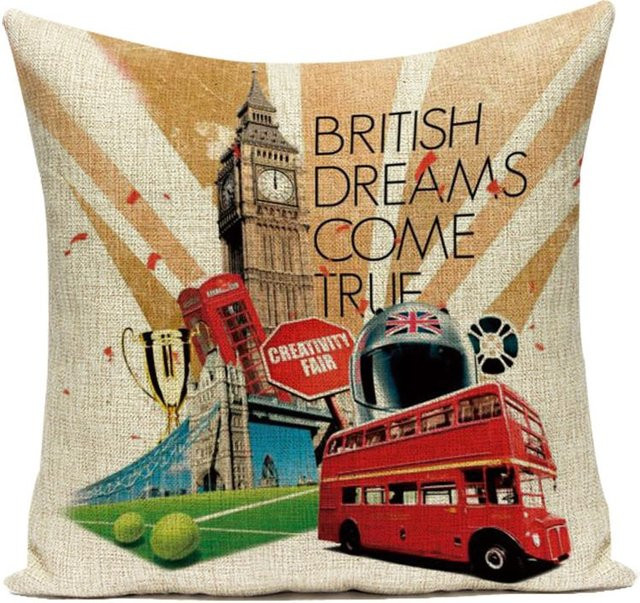 Retro Kissenbezug London Bus und Soldat Flagge im britischen Stil aus Polyester, B/H: 60 x 60 cm, Mehrfarbig - Bild 1