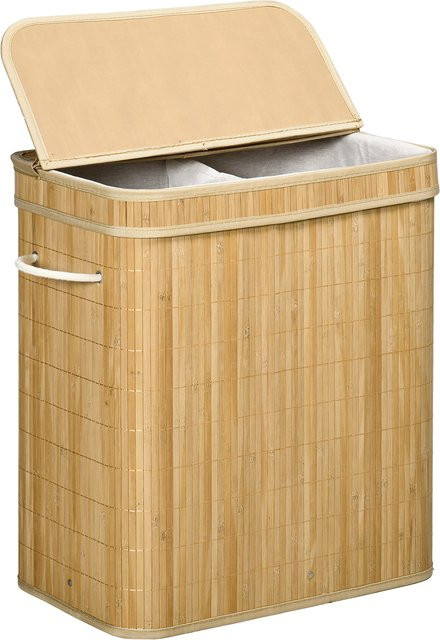 Aosom HOMCOM Bambus Wäschekorb mit Deckel und Griffen, 90 Liter Kapazität, 2 Abschnitte und abnehmbarem Stoffbeutel, Braun/Beige, B/T/H: 54,2 x 35,2 x 59,5 cm - Bild 1