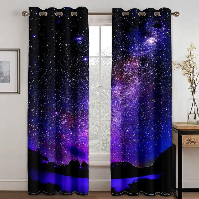 Dekorativer 2-teiliger Vorhang mit 3D-Sternenhimmel Mond und Aurora Landschaft, halbtransparent, Mehrfarbig, Höhe: 130 cm, Breite: 100 cm - Bild 1