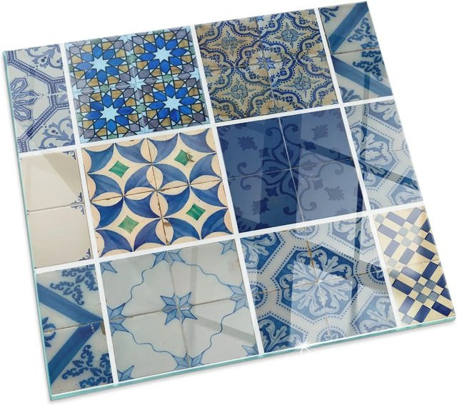 Tulup Glasplatte für Kamin mit blauem Keramikfliesenmuster und geometrischem Design, B/B: 60 x 60 cm - Bild 1